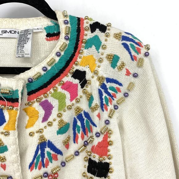 Vintage Michael Simon Cardigan Sweater Sz 1X Embroidered Beaded Mayan Design - Picture 3 of 8
